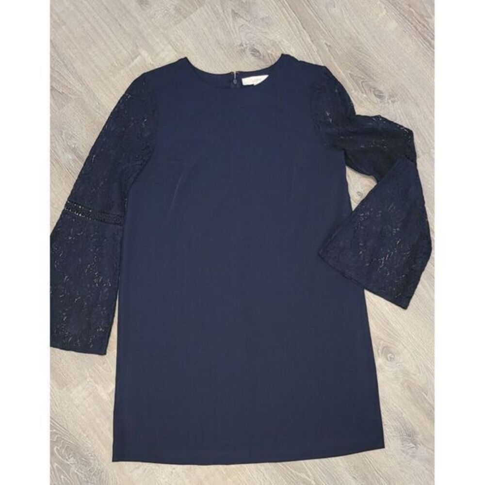 NWT‎ LOFT Navy Blue Dress W/ Black Sheer Fluted Lace Sleeves Size 10 MOB MOG